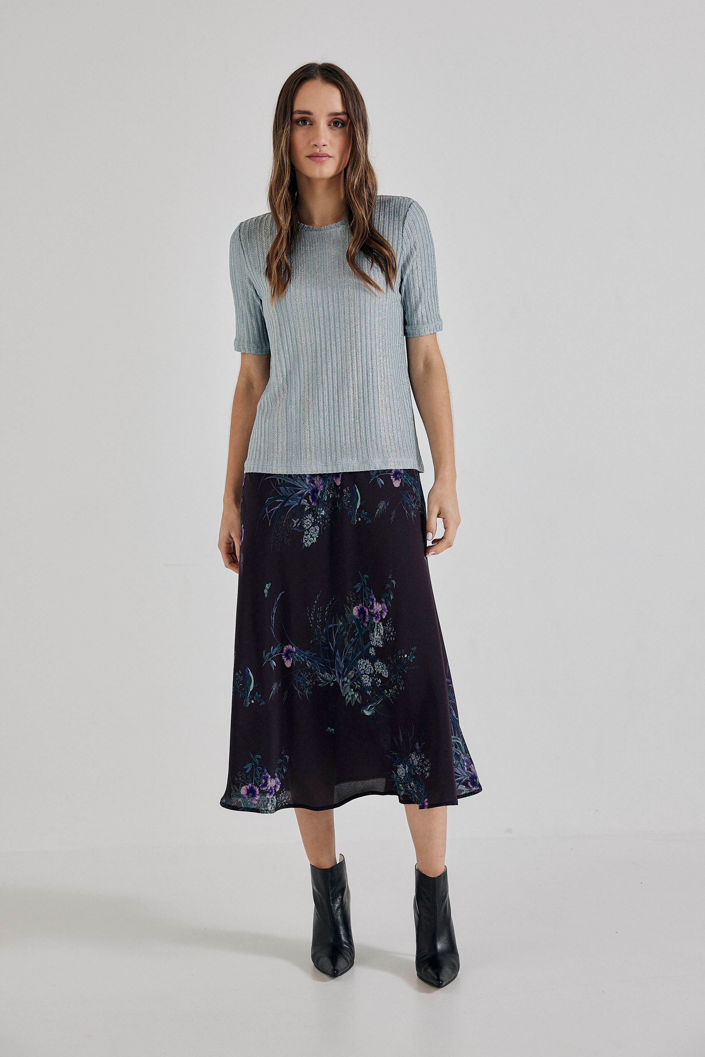 Jupe mi-longue duchesse en soie Plum Bird/Fleur -Jupes de luxe